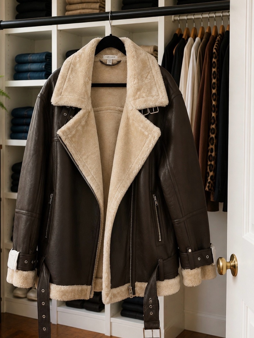 Topshop Dark Brown Leather Shearling Aviator Jacket with Cream Lining